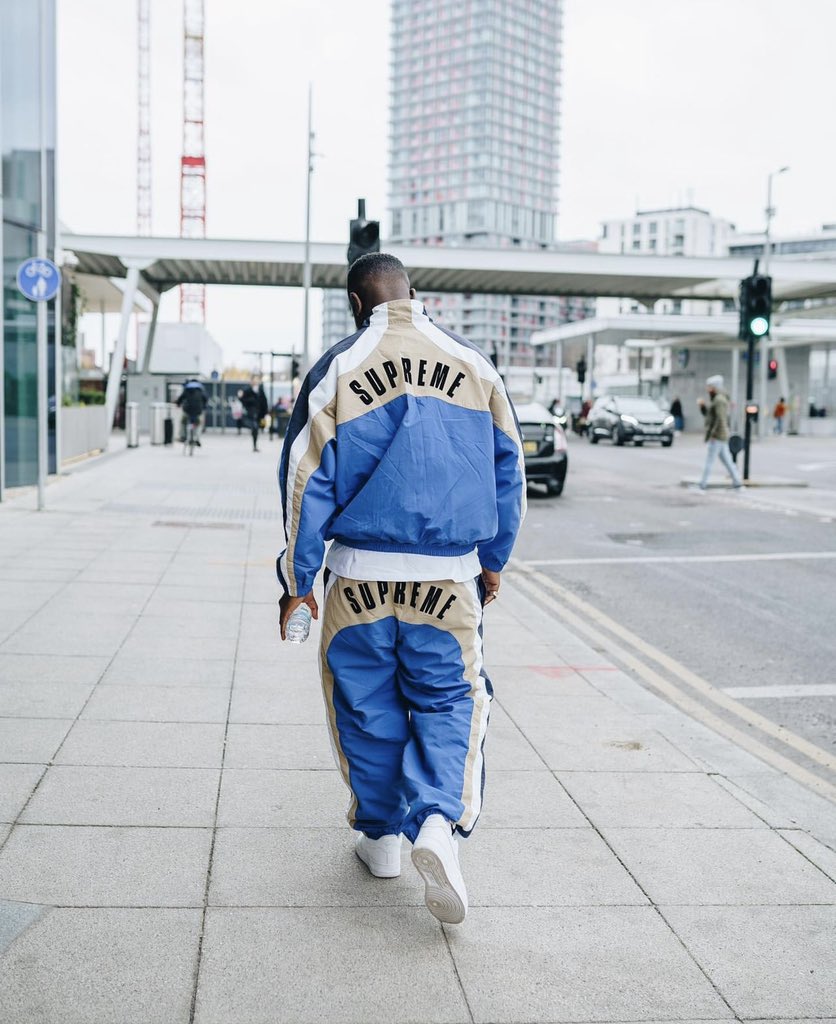 A Supreme x Umbro football jersey and shorts, blending streetwear with classic football style.