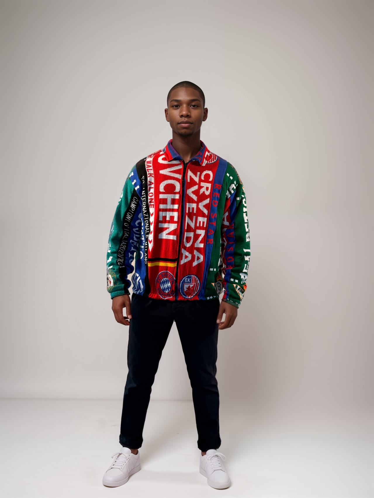 Model sporting a limited edition bomber jacket with vintage football elements. A unique street style choice.